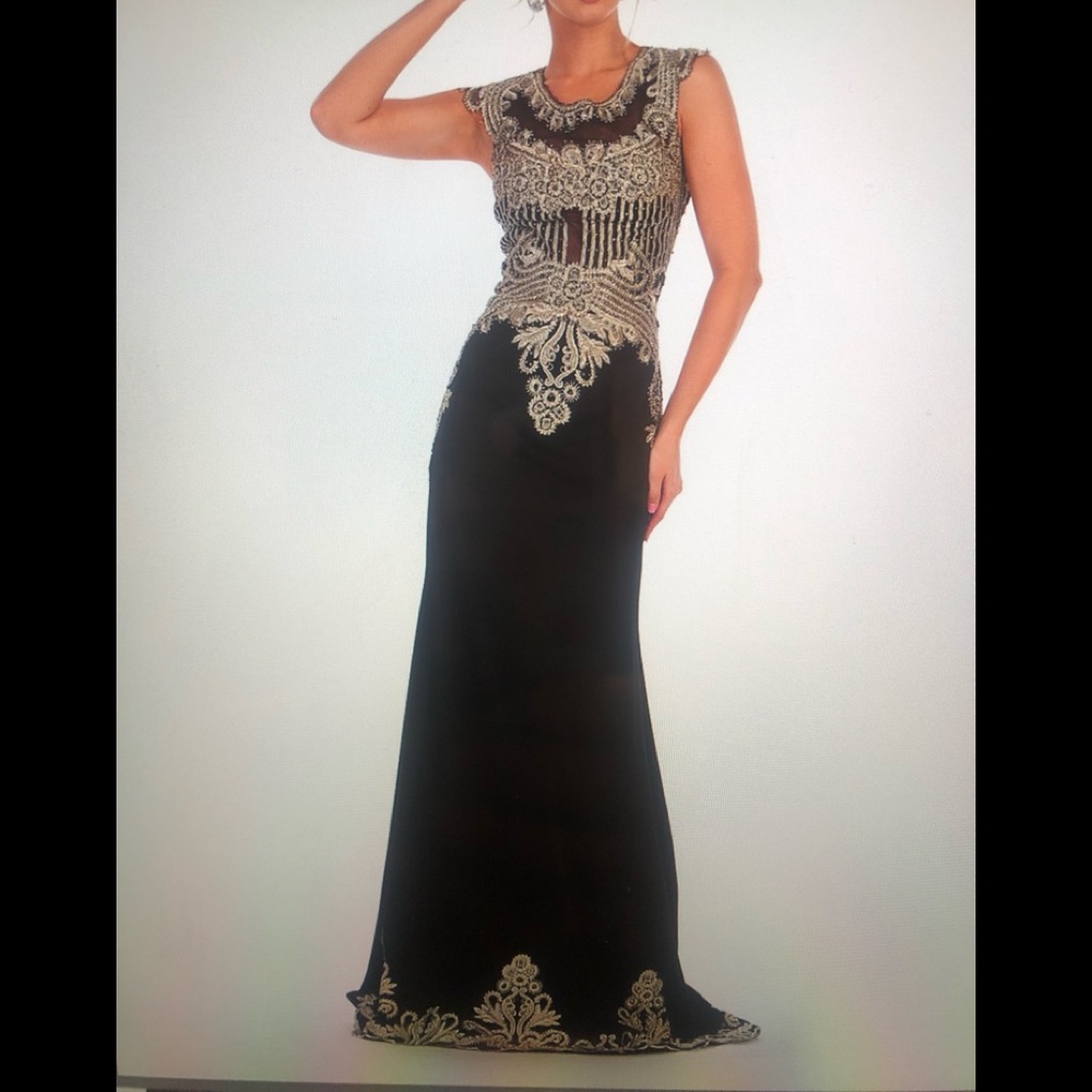 Black Ornate Beaded Gown with Fishtail Hemline (Gold intricate embroider…(New!)